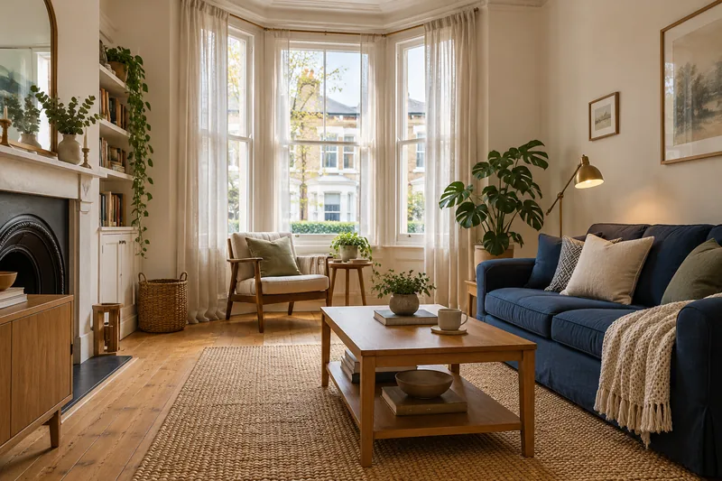 Bright living room with a navy sofa