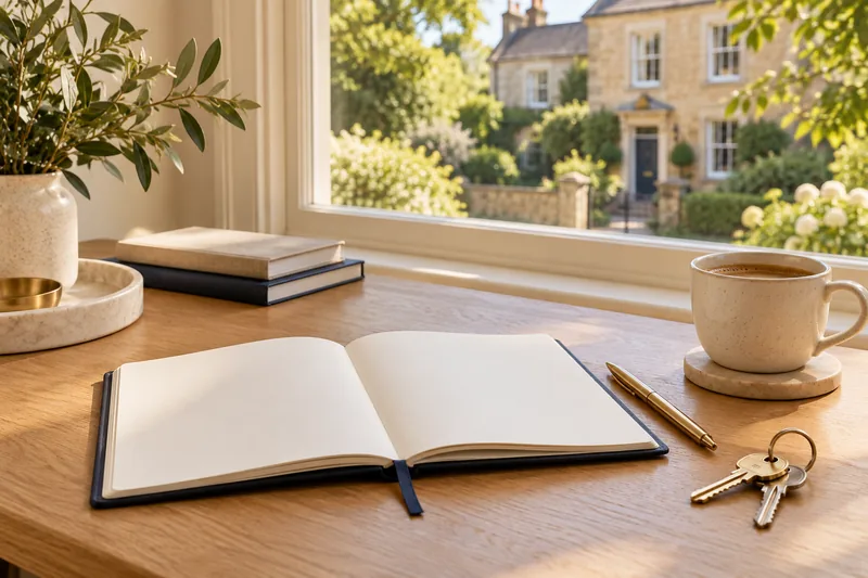 Notebook and keys on a desk